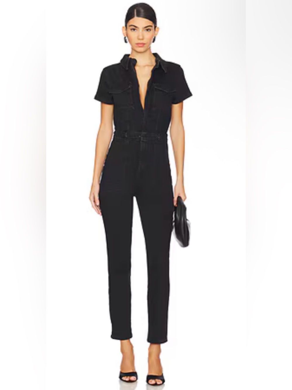 Good American Black Short-Sleeve Denim Jumpsuit